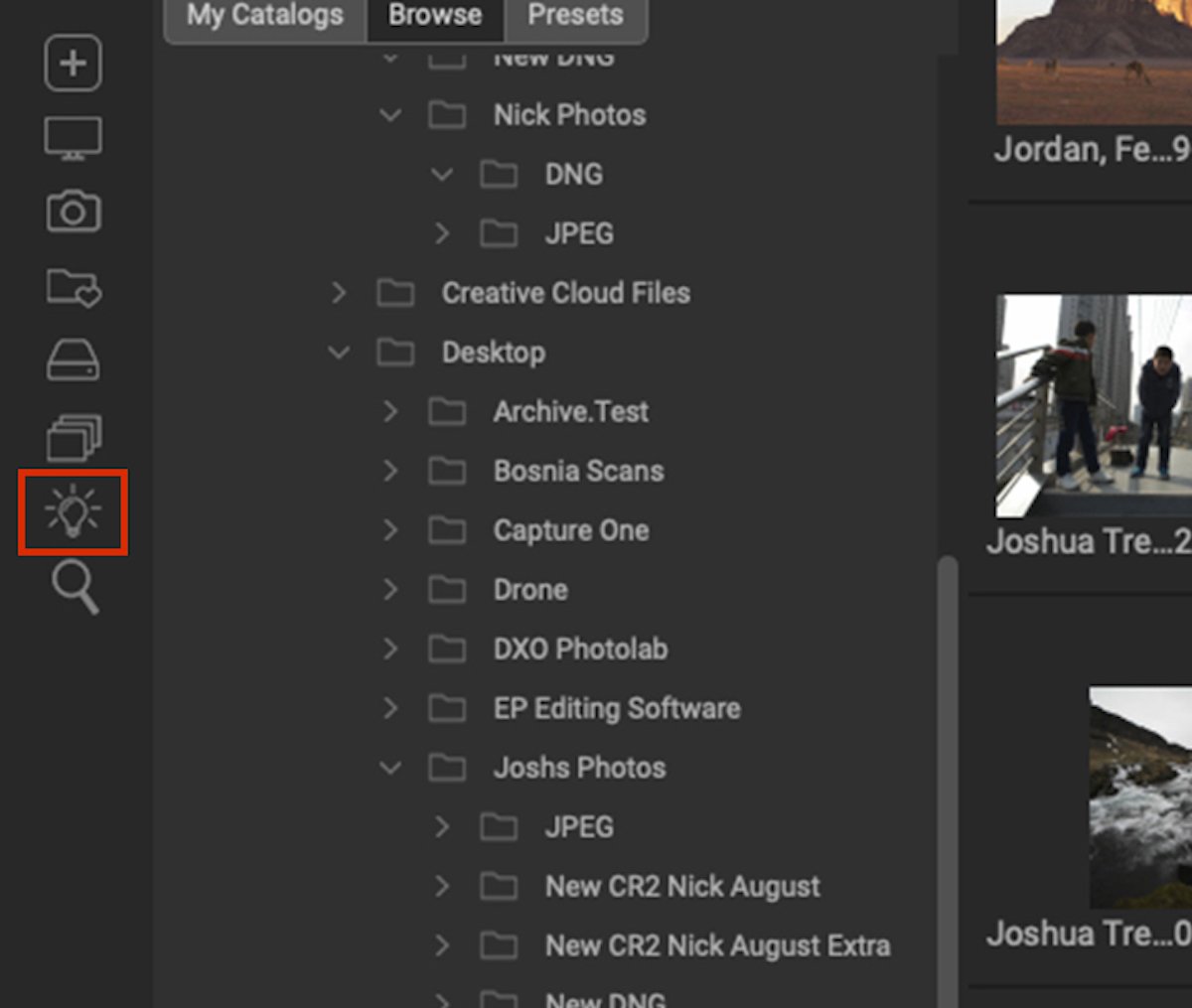 Screenshot of ON1 Photo RAW highlighted smart organize icon