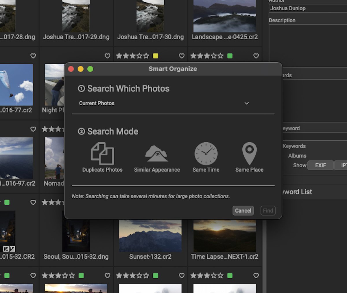 Screenshot of ON1 Photo RAW smart organize options