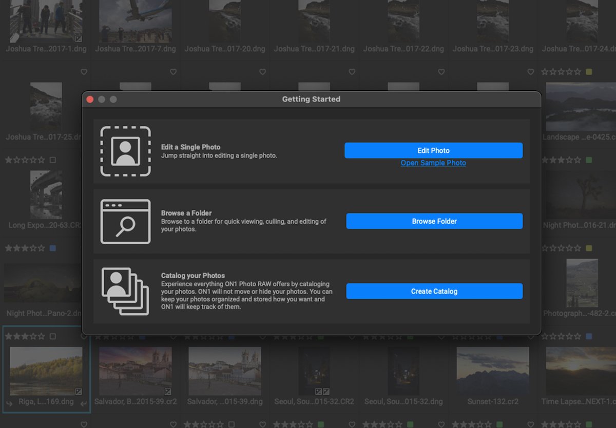 Screenshot of ON1 Photo RAW Getting Started panel 
